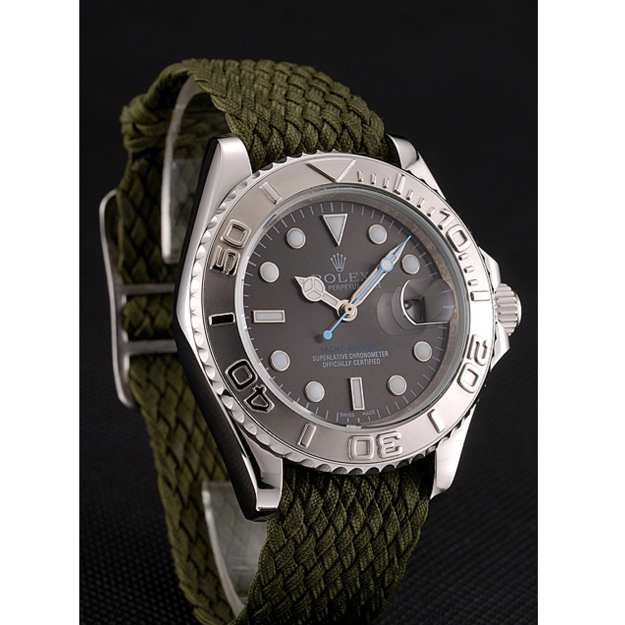 Aaa replica watch Green Fabric Yacht Rolex Master 1453869 Bracelet Green Dial 0823